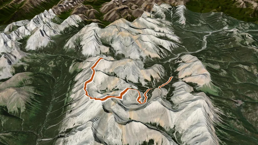 3-D terrain view of Cougar Burns Traverse Route