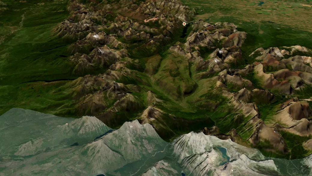 3-D terrain view of Great Divide Trail
