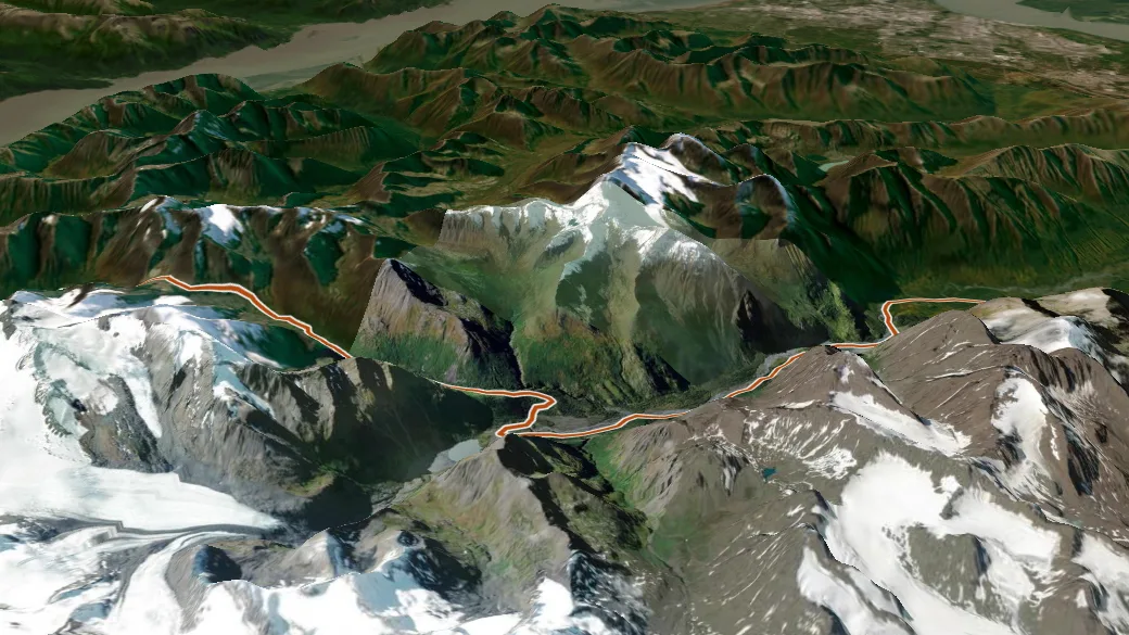 3-D terrain view of Crow Pass