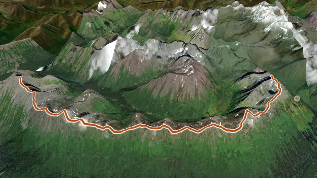 3-D terrain view of Penguin Ridge Traverse Trail