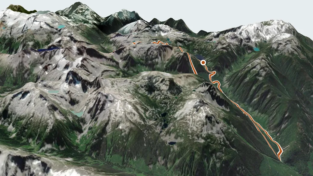3-D terrain view of Lizzie Lake Trail