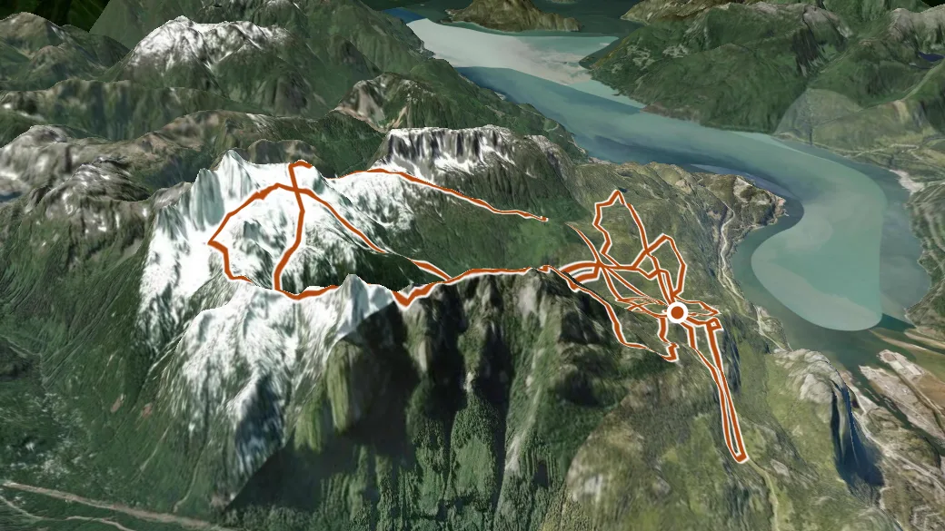 3-D terrain view of Sky Pilot Trail Network