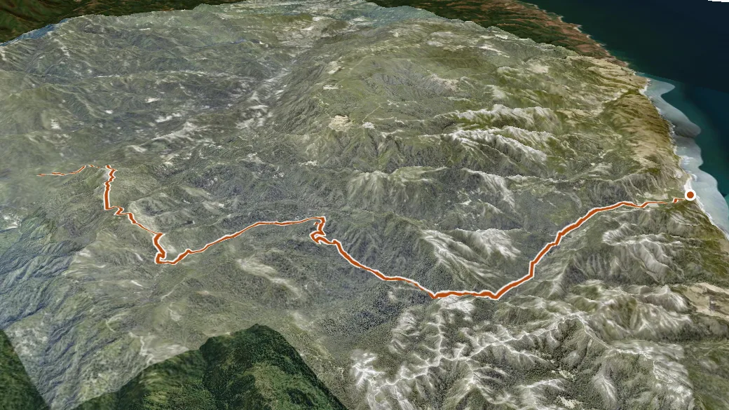 3-D terrain view of Skyline To The Sea Trail