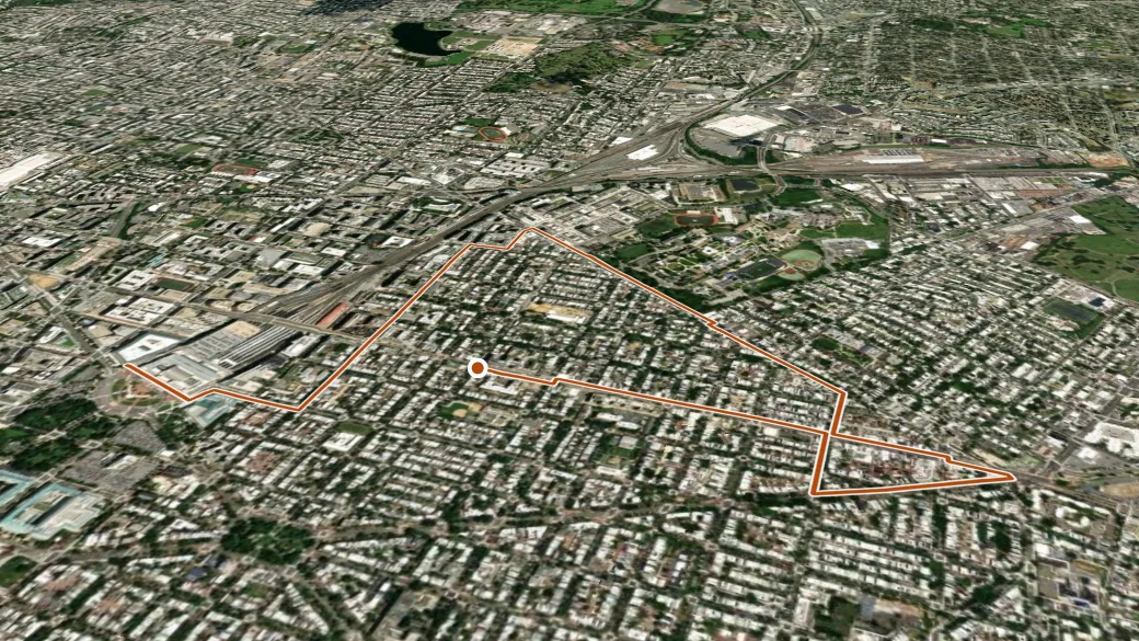 3-D terrain view of Greater H Street NE Heritage Trail: Hub, Home, Heart