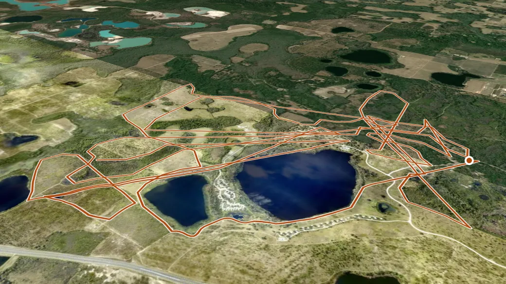 3-D terrain view of Lake Louisa State Park Trail