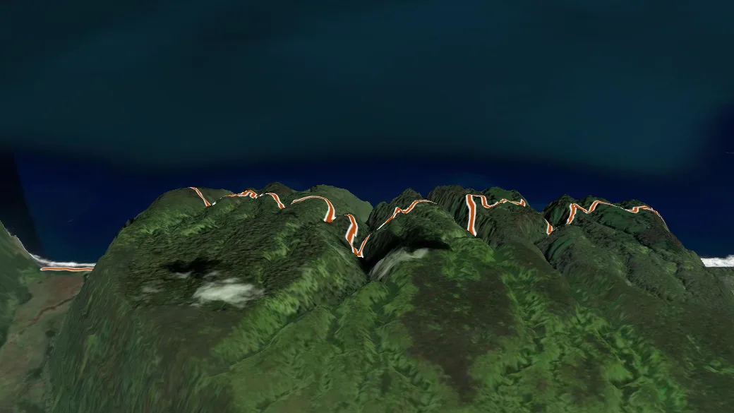 3-D terrain view of Muliwai Trail