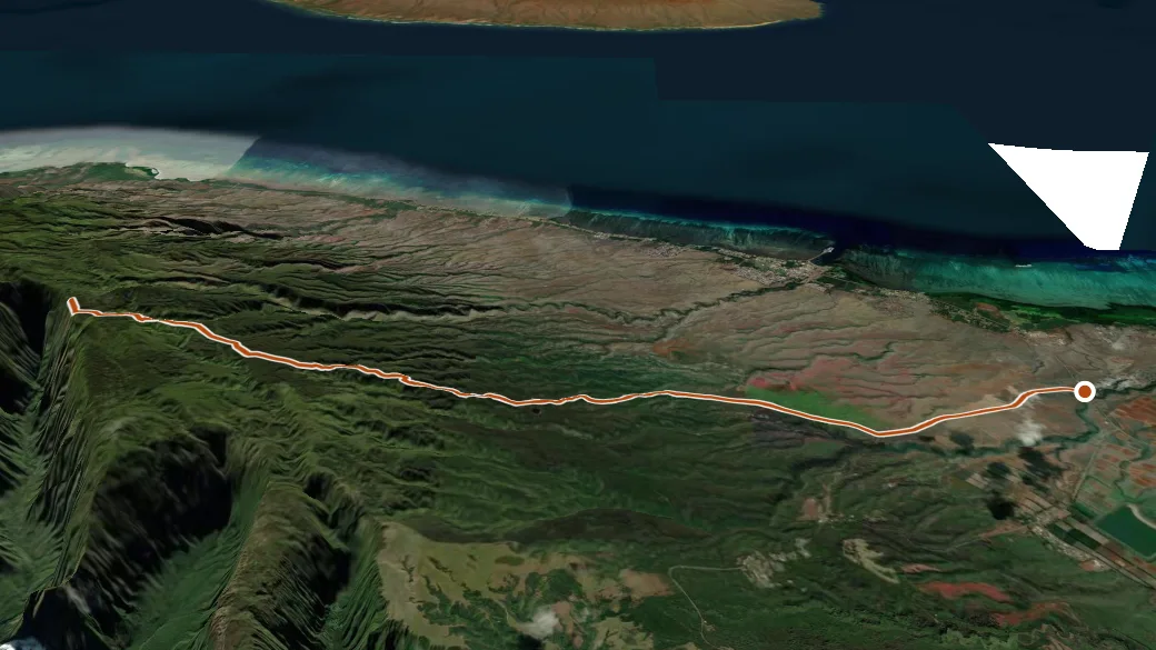 3-D terrain view of Maunahui Road (Molokai Forest Reserve Road)