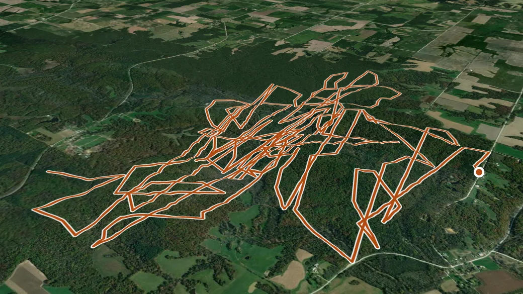 3-D terrain view of Shimek Forest - Lick Creek Trails