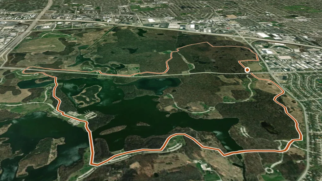 3-D terrain view of Busse Forest Trails Red Paved