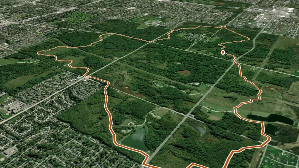 3-D terrain view of Tinley Creek Red Paved Loop