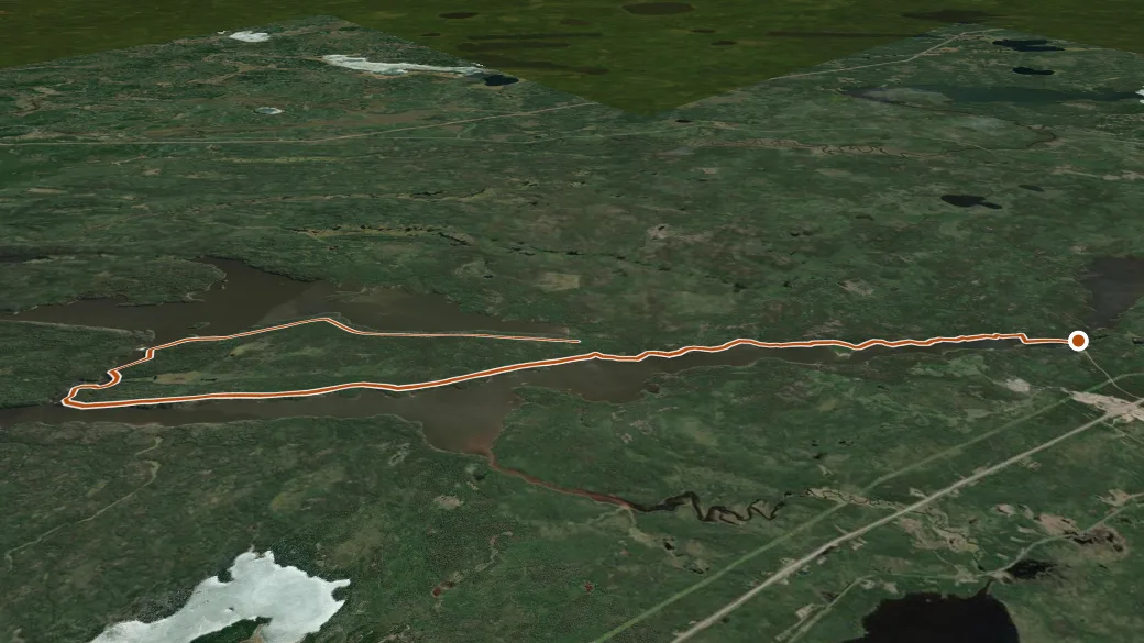 3-D terrain view of Pisew Falls to Kwasitchewan Falls Hiking Trail