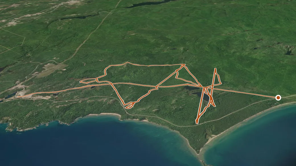 3-D terrain view of Little Presque Isle/Harlow Lake Trails