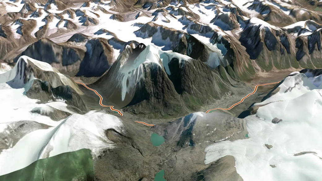 3-D terrain view of Akshayuk Pass Route