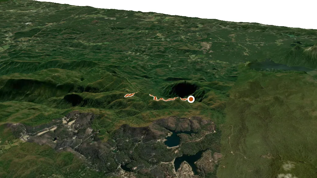 3-D terrain view of Raven Cliff Falls Trail