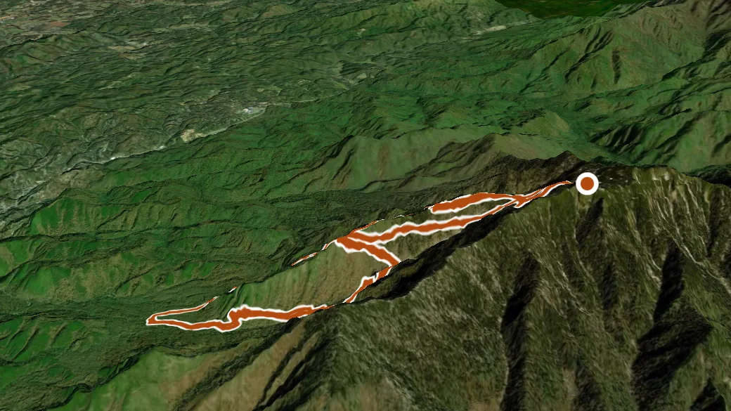 3-D terrain view of Rainbow Falls Trail