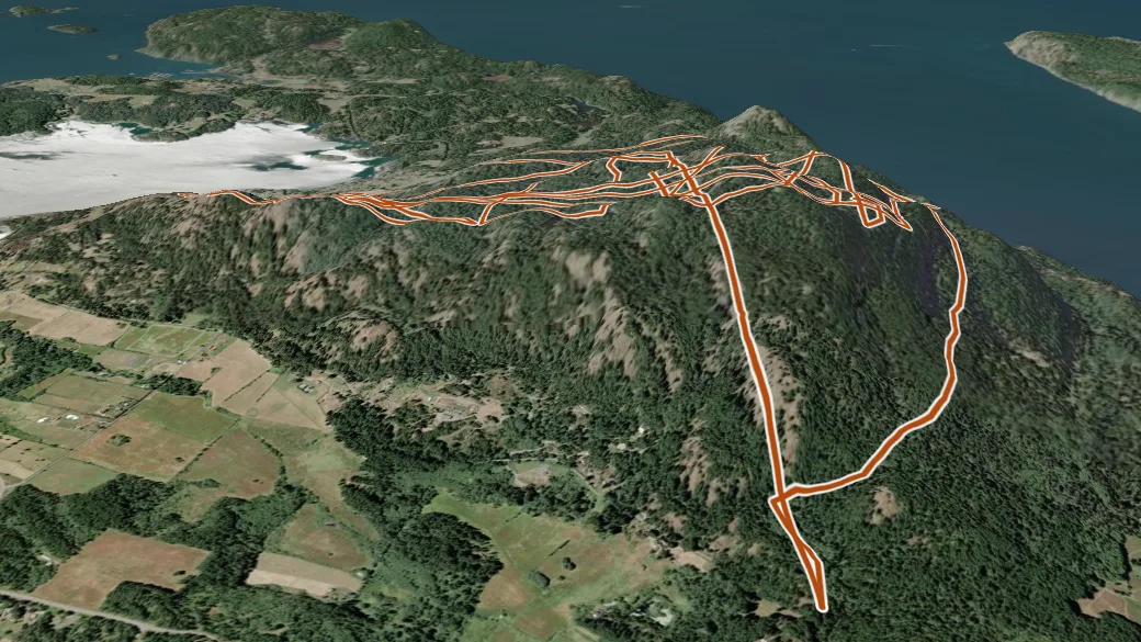 3-D terrain view of San Juan County Land Bank - Turtleback Mountain Preserve Trails