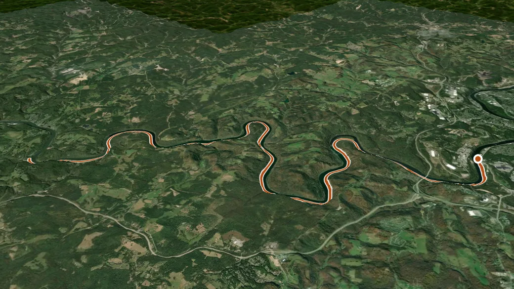 3-D terrain view of Mon River South Rail-Trail