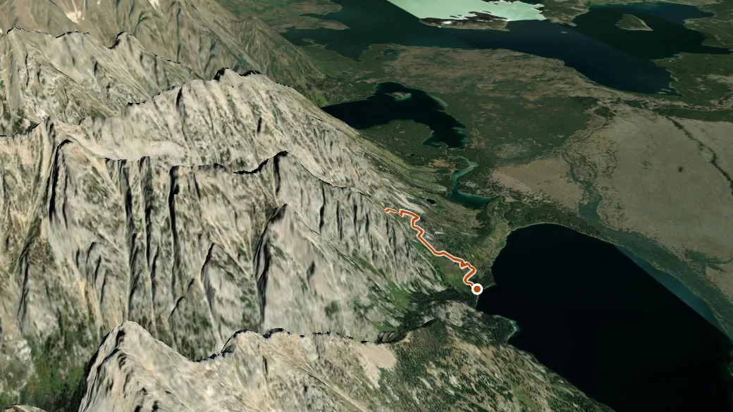 3-D terrain view of Lake of the Crags Trail