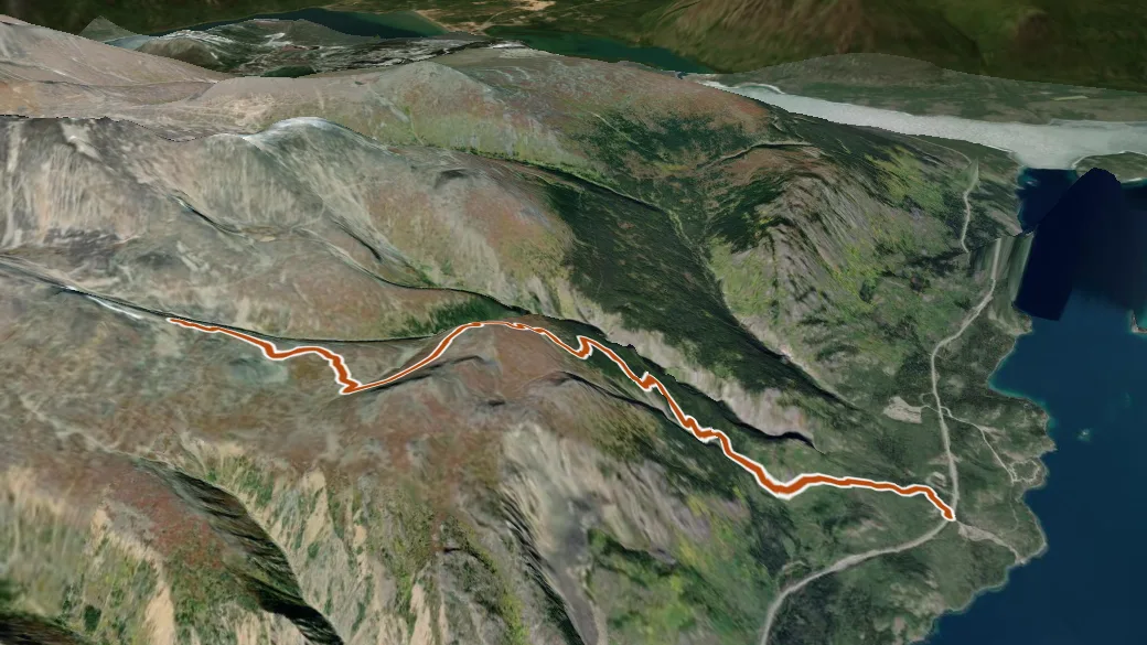 3-D terrain view of Mountain Hero (Sam McGee) Trail